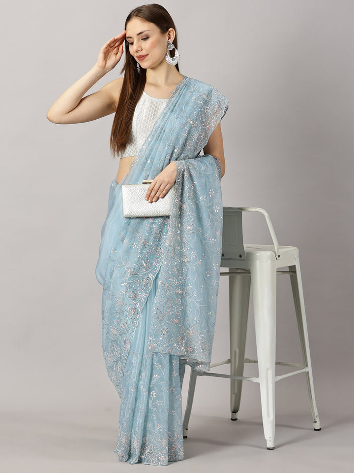 Organza Blue Sequence Work Embroidered Saree