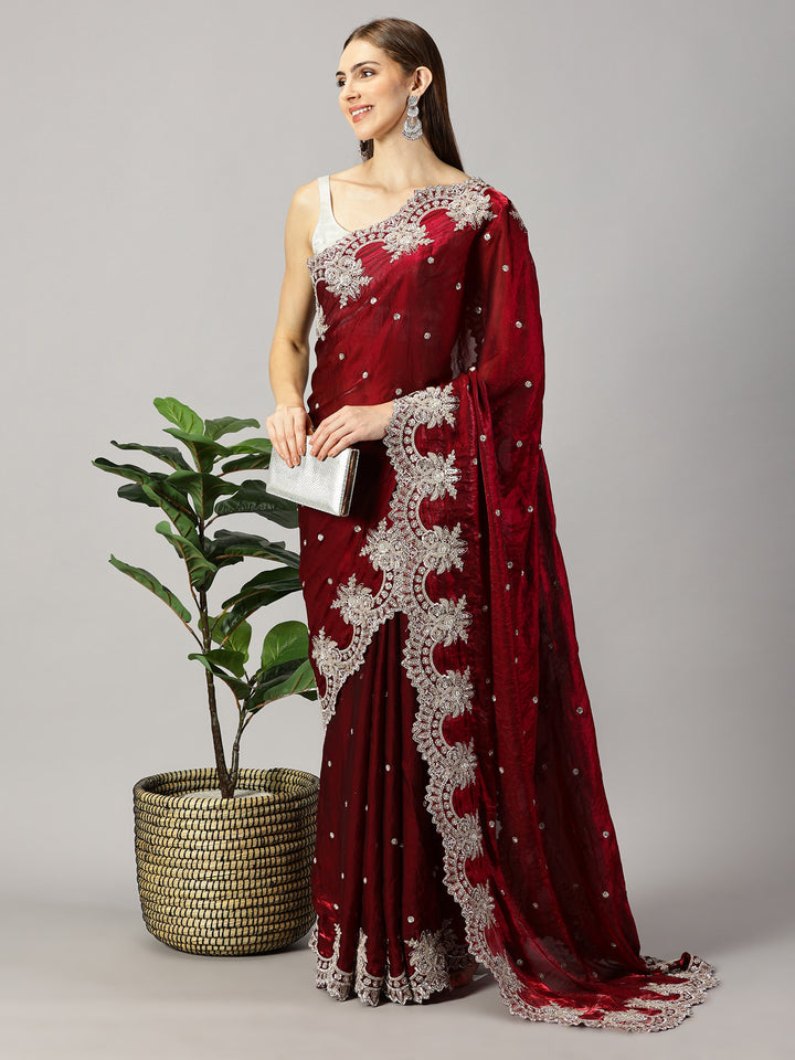 Organza Maroon Zari Embroidered Saree