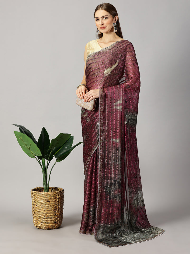 Printed Organza Stone Embroidered Saree