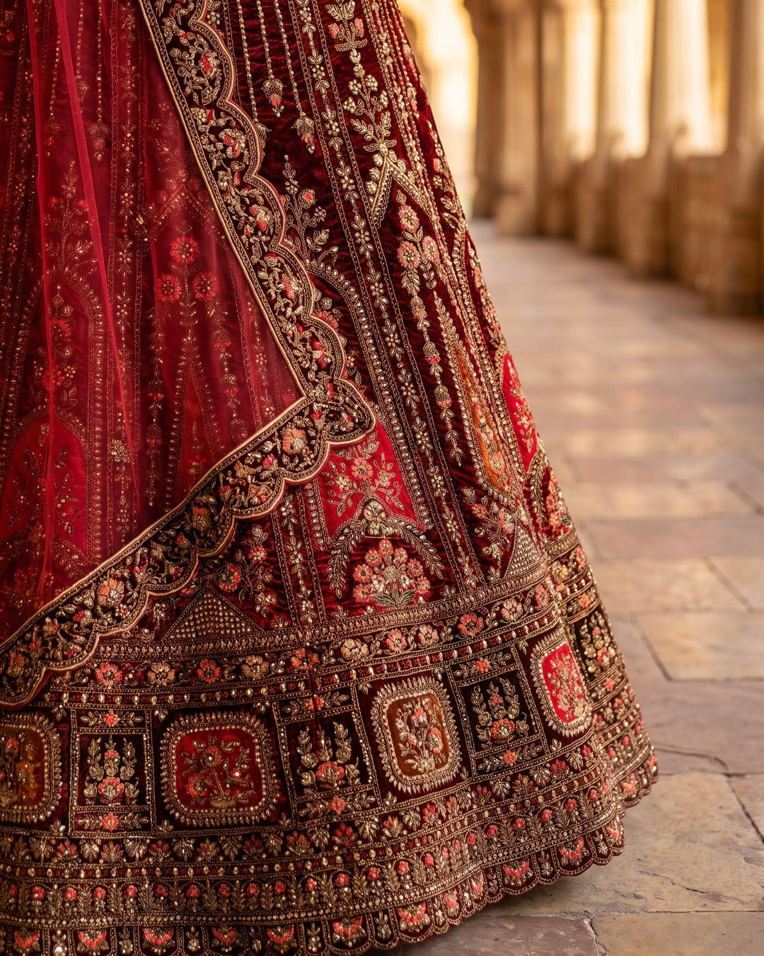 Maroon Velvet Embroidered Bridal Lehenga (54306)