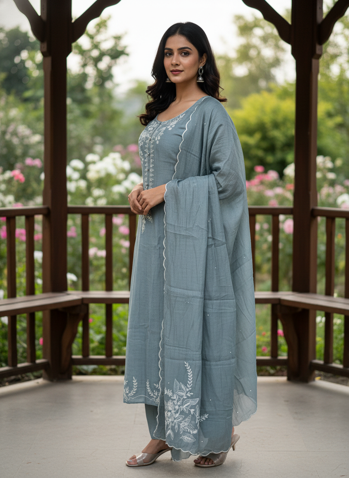 Grey Mull Sequin Embroidered Unstitched Fabric (54043)