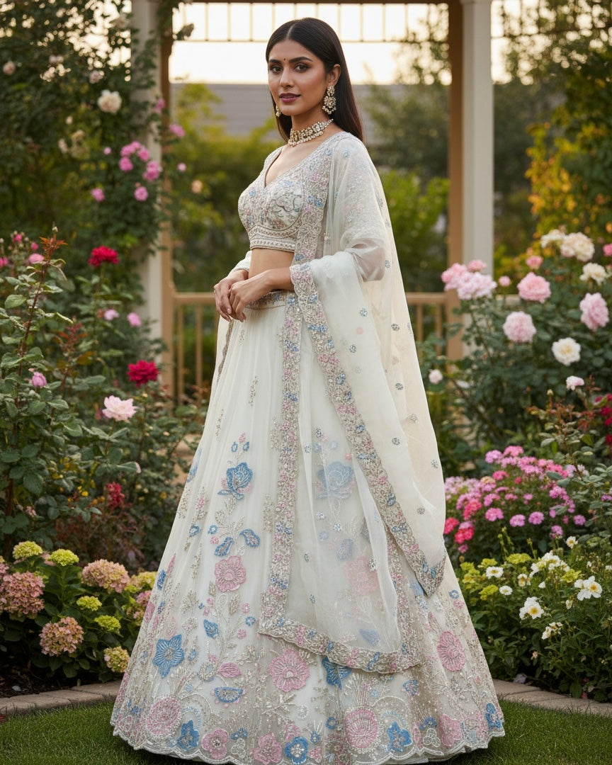 Cream Organza Embroidered Bridal Dupatta (54098)