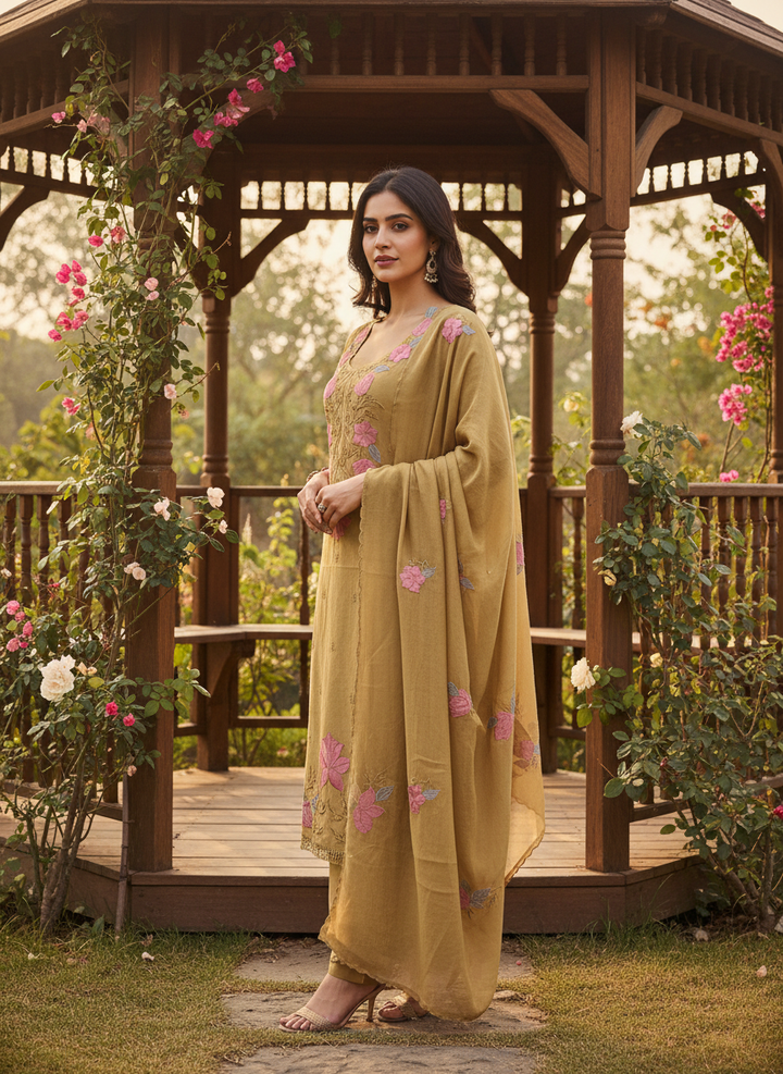Embroidered Mustard Mull Unstitched Dress Material (54184)