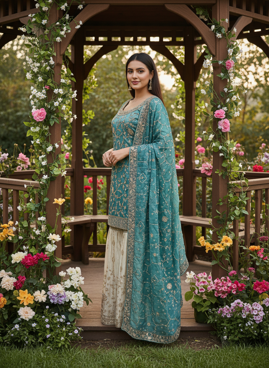 Emerald Tissue Sharara with Cutdana Handwork (53936)