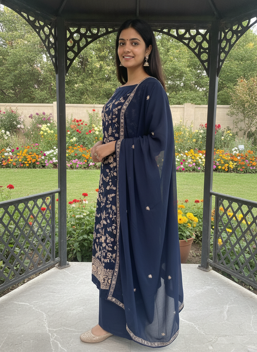 Navy Blue Embroidered Crepe Festive Unstitched Fabric (58873)
