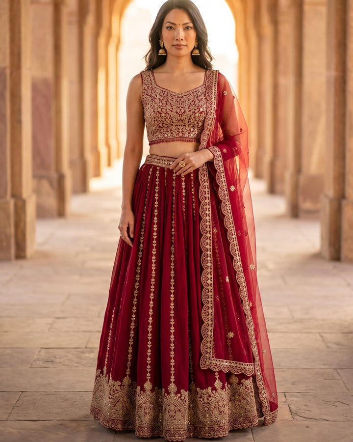Ameera – Wine Purple Georgette Embroidered Lehenga with Net Dupatta | Fazals (47257)