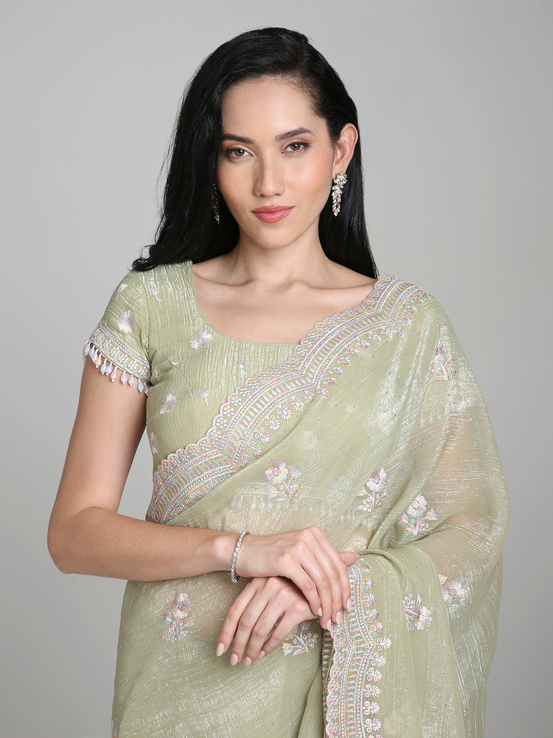 Samaira – Sage Green Chiffon Saree with Pastel Embroidered Border | Fazals (43392)