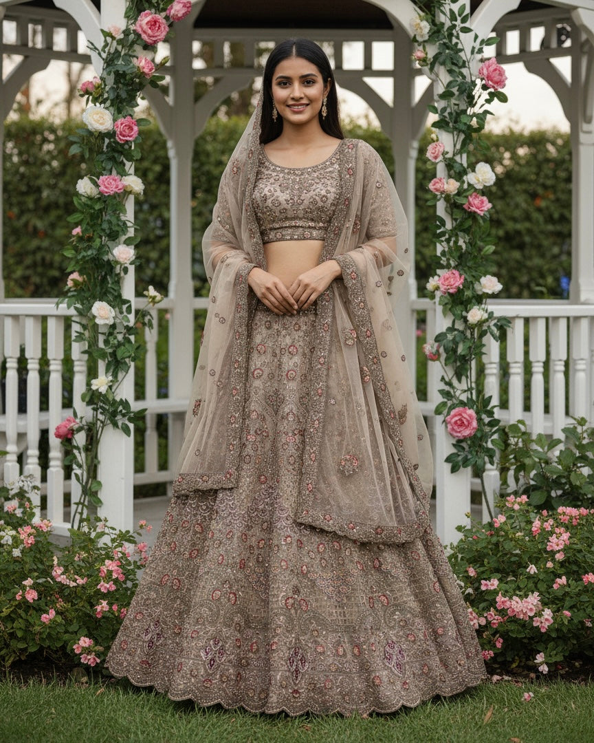 Beige Embroidered Net Bridal Dupatta (54317)