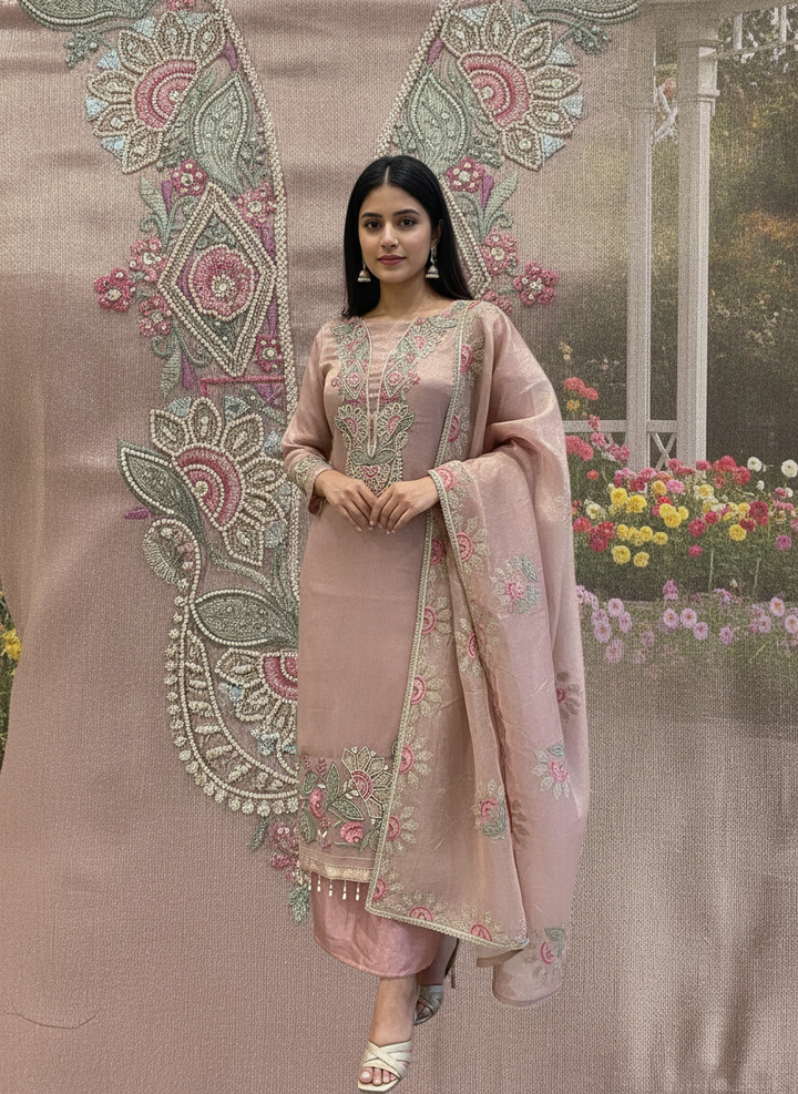 Pink Embroidered Organza Festive Ensemble (58904)