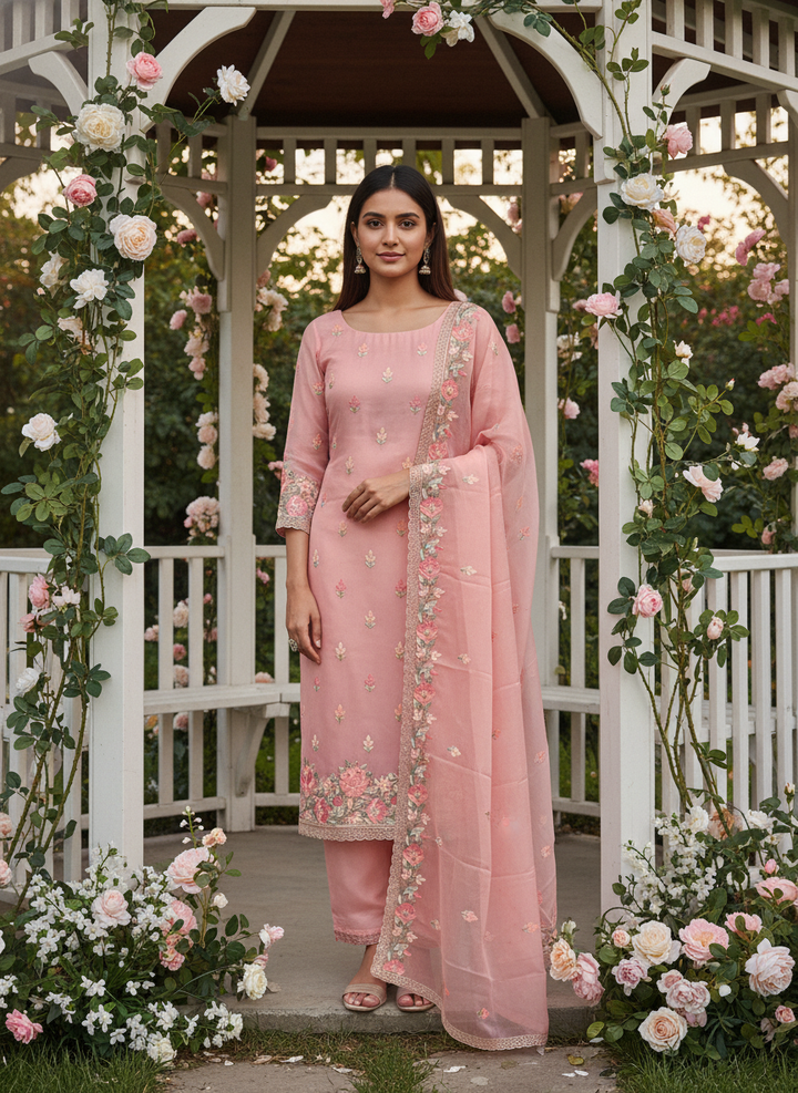 Peach Chiffon Embroidered Festive Elegance (46277)