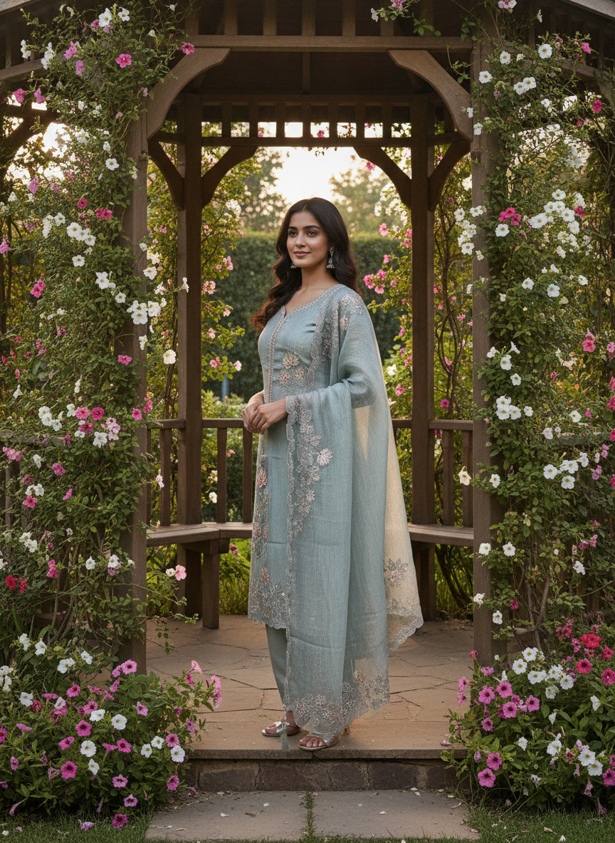 Ethereal Blue Organza Embroidered Festive Ensemble (59720)
