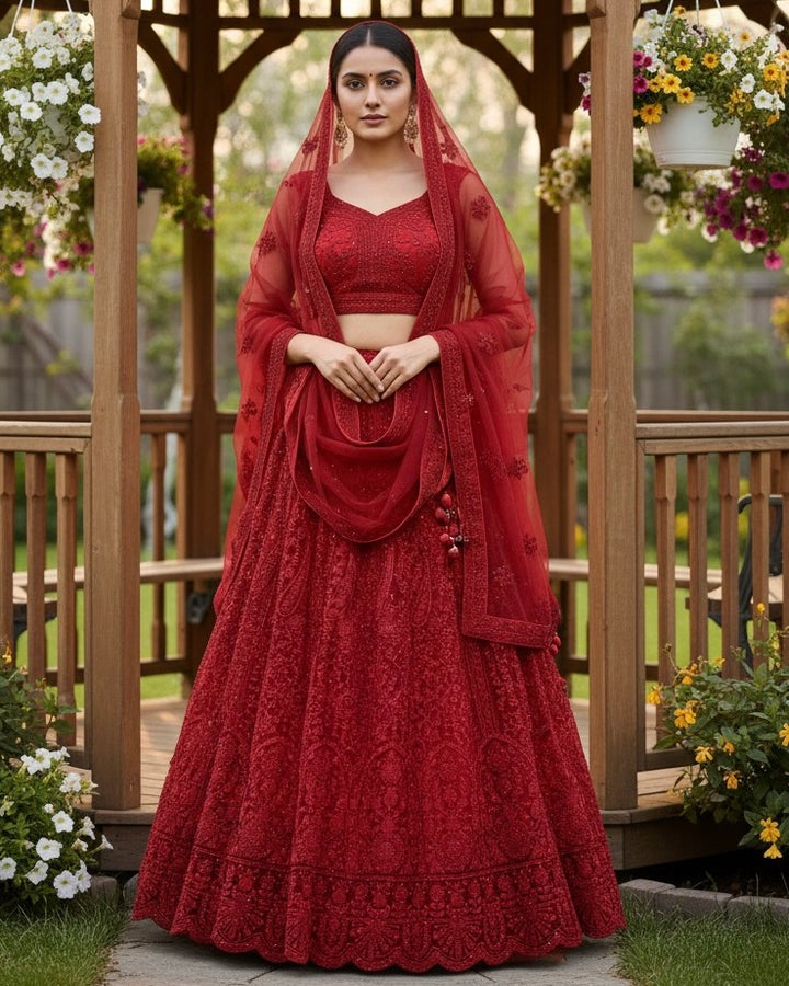Embroidered Red Net Bridal Dupatta (44496)