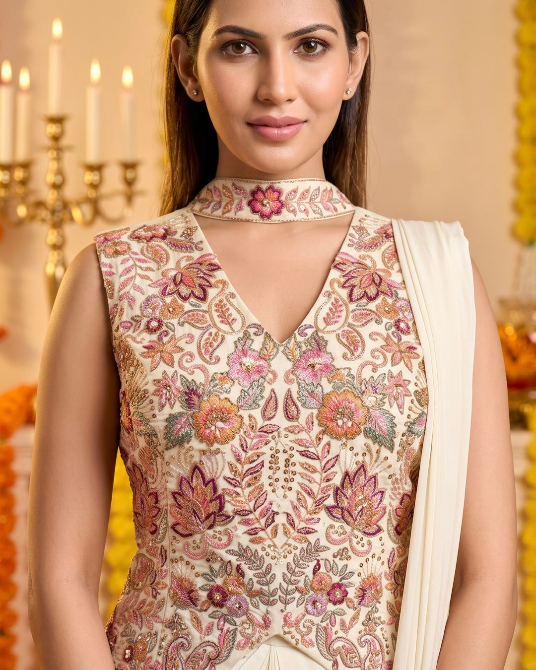 Cream crepe Saree with an Embroidered corset Top (60873)
