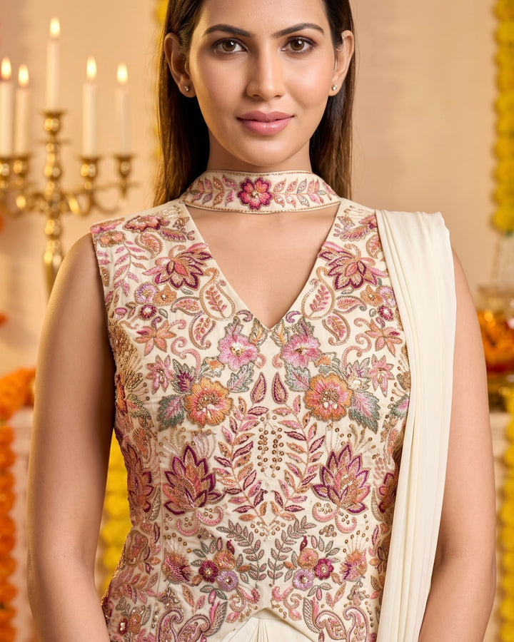 Cream crepe Saree with an Embroidered corset Top (60873)