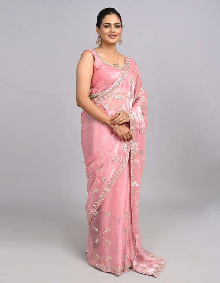 Samaira – Pink Tissue Saree with Sequin Embroidery & Self-Coloured Blouse | Fazals (45063)