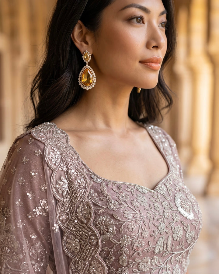 Lavender Net Embroidered Bridal Lehenga (46784)