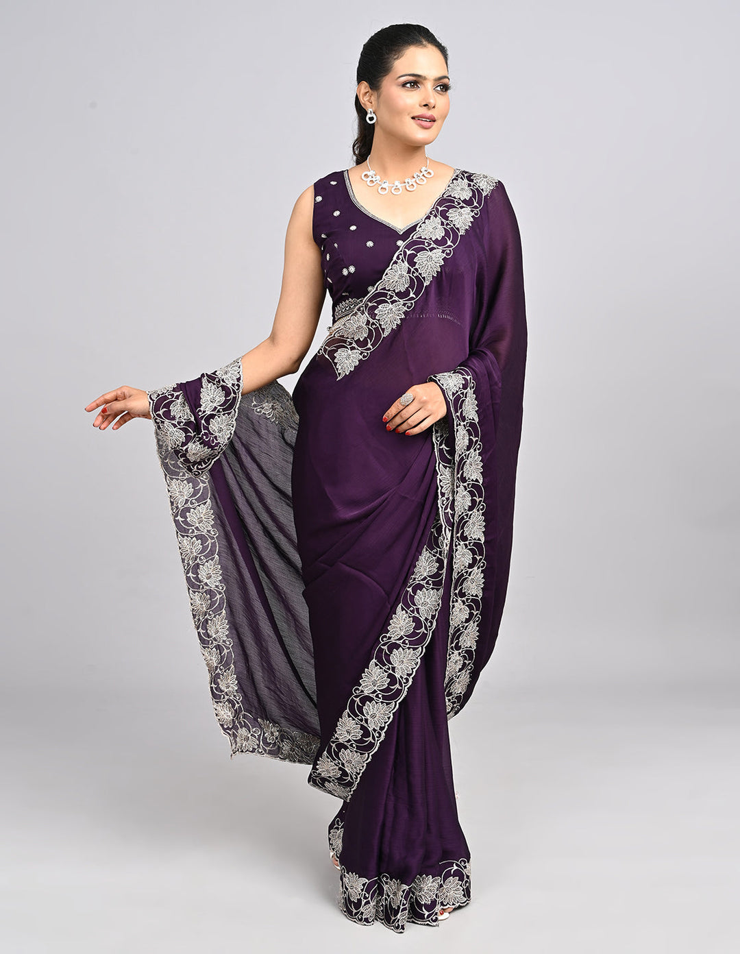 Aayira – Purple Chinnon Saree with Thread Embroidery Border & Self-Coloured Blouse | Fazals (48095)