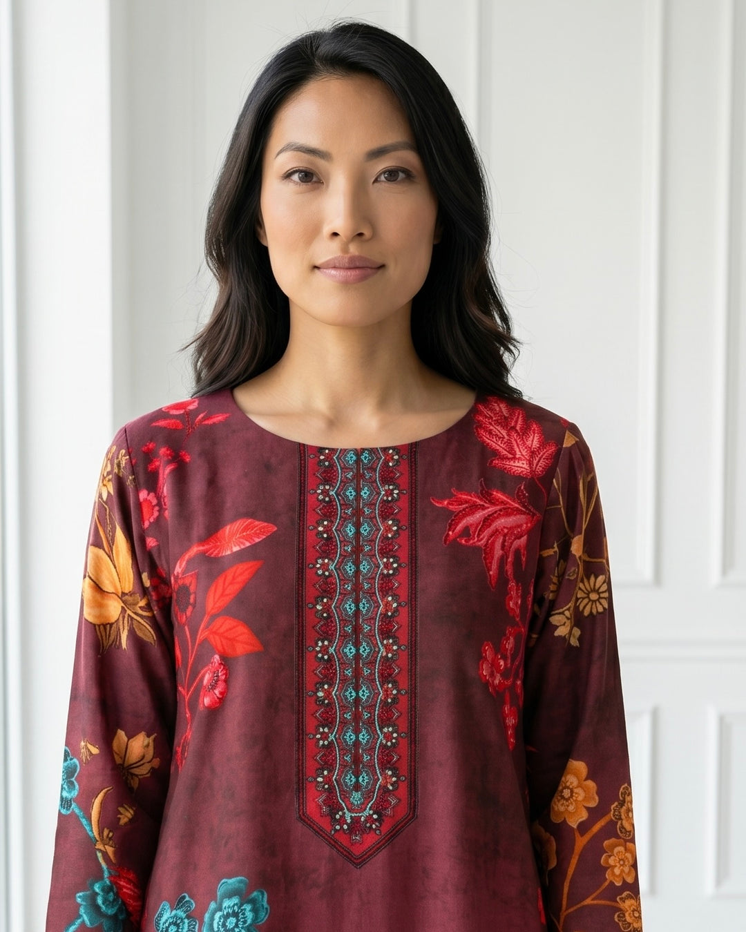 Aarohi – Maroon Floral Print Suit Set with Embroidered Neckline | Fazals (46989)