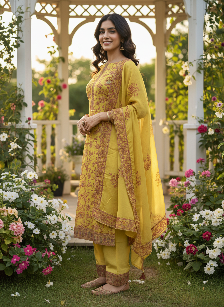 Embroidered Yellow Upada Silk Unstitched Fabric (49467)