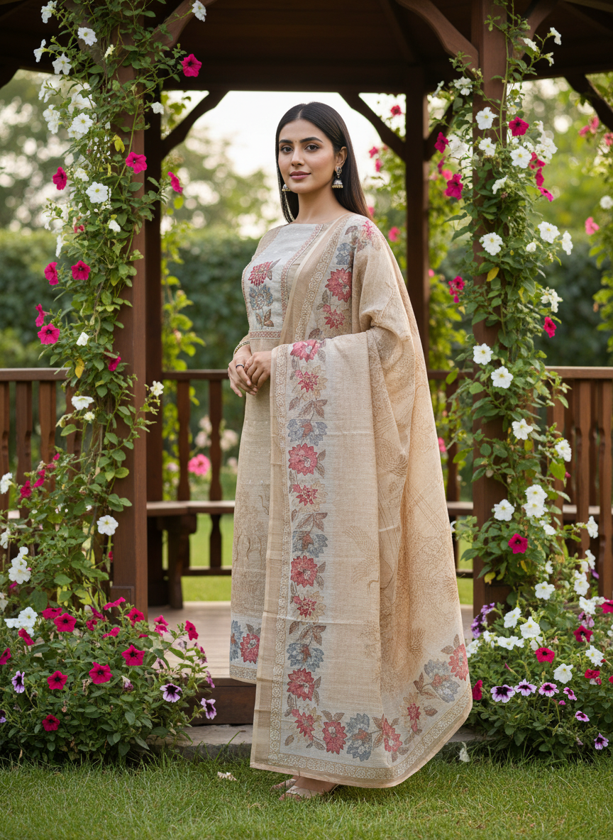 Beige Chanderi Printed Embroidery Unstitched Fabric (53988)