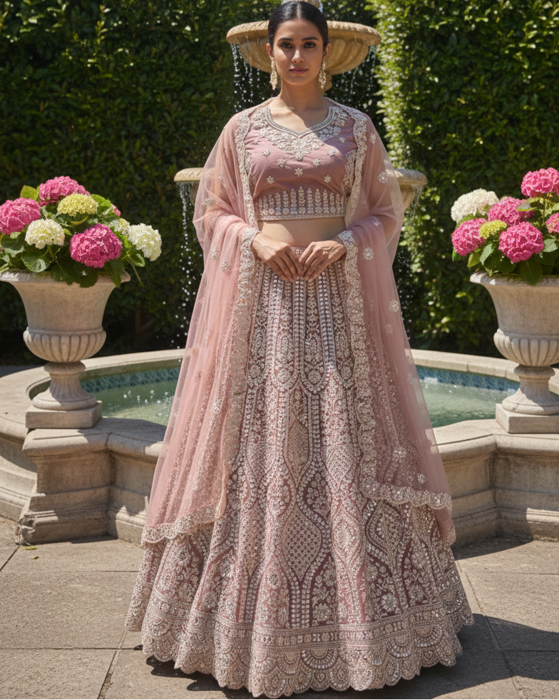Gulnaar – Blush Pink Net Lehenga with Thread & Sequins Embroidery, Embroidered Blouse & Net Dupatta | Fazals (47254)