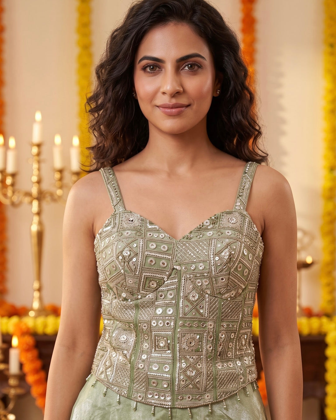 Green Embroidered Tissue Corset Blouse Palazzo Set (60869)