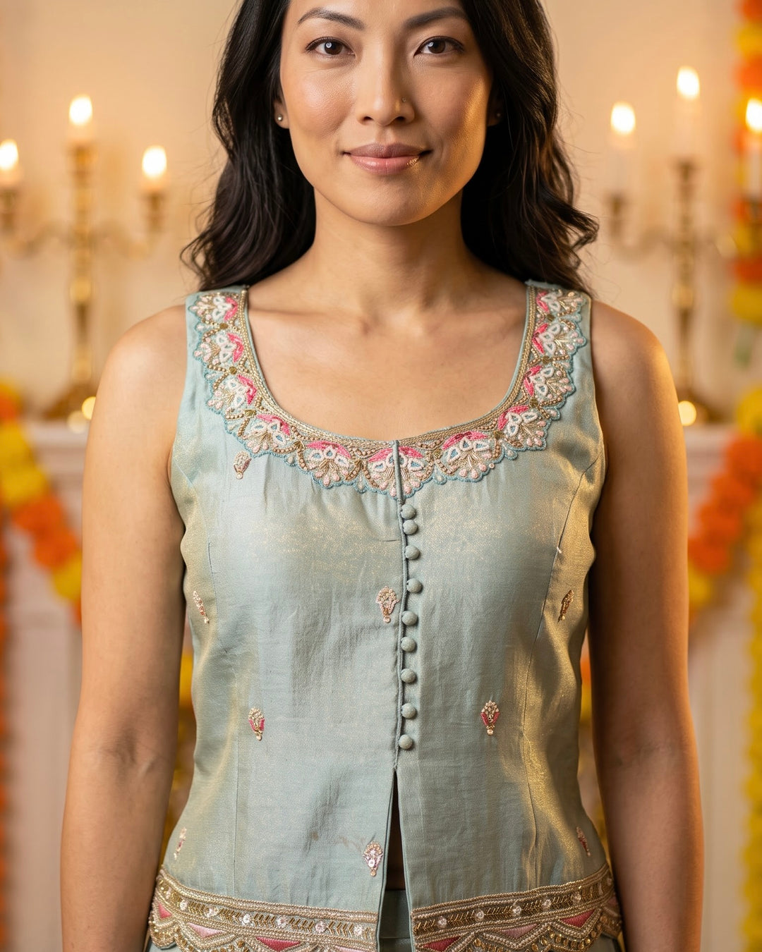 Emerald tissue Embroidered Short Shirt Palazzo Set (46857)