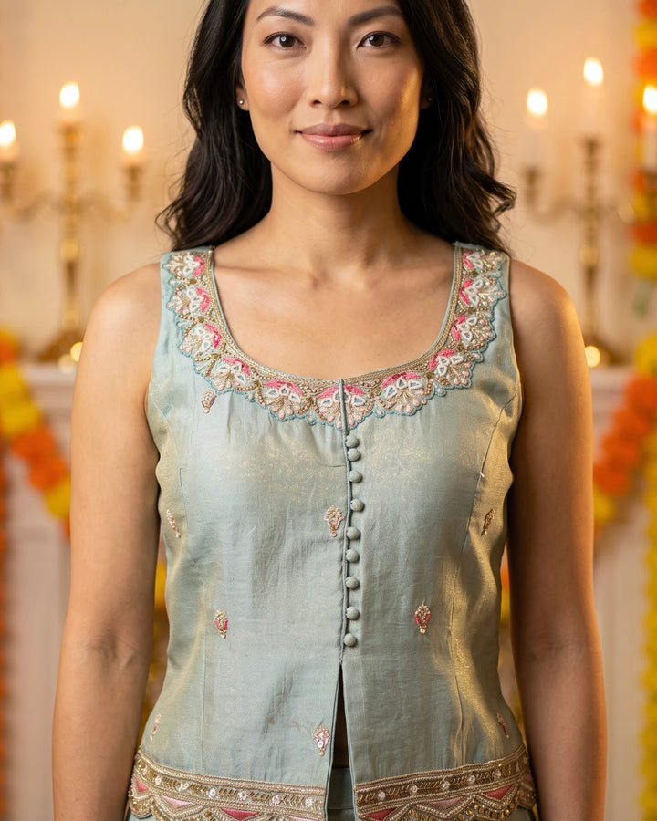 Emerald tissue Embroidered Short Shirt Palazzo Set (46857)