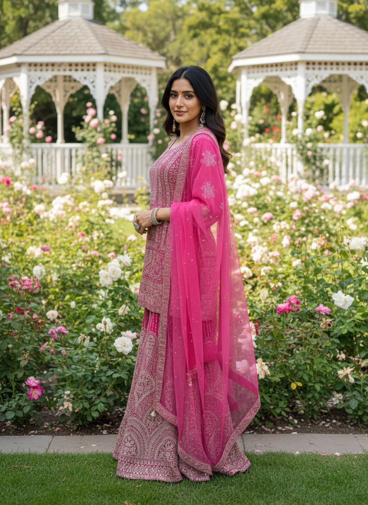 Rani Pink Zari Embroidered Georgette Plazo Suit (38284)