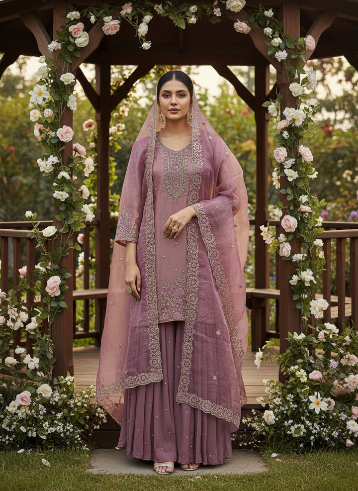 Luminous Rose-Pink Tissue Ensemble with Handwork Embroidery (46797)