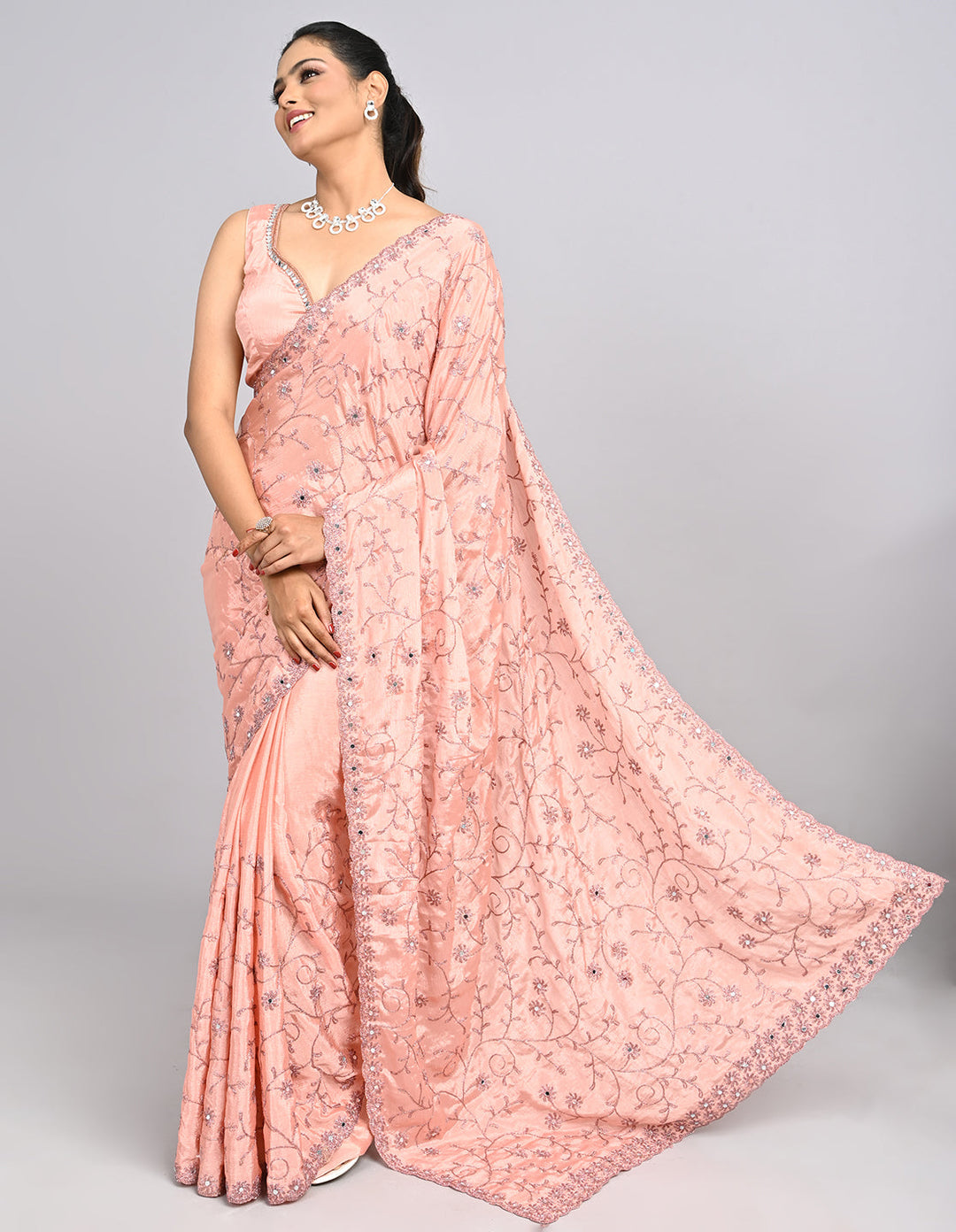 Meher – Peach Organza Saree with Coding & Mirror Work | Fazals (48093)