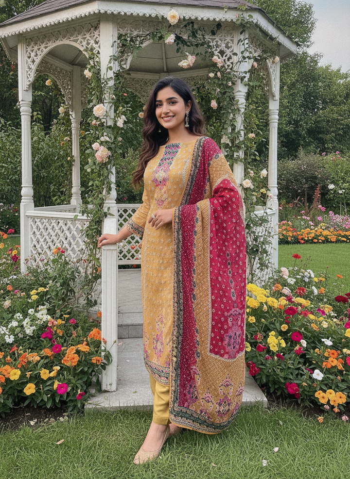 Mustard Muslin with Printed Embroidery Elegance (52828)