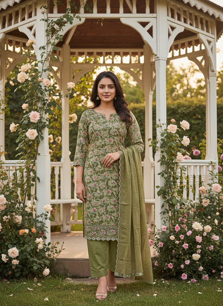 Emerald Green Printed Cotton Unstitched Ensemble (50663)