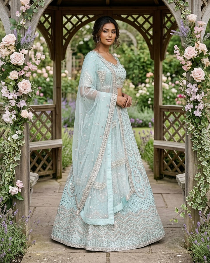 Embroidered Blue Net Dupatta with Elegant Detailing (55069)