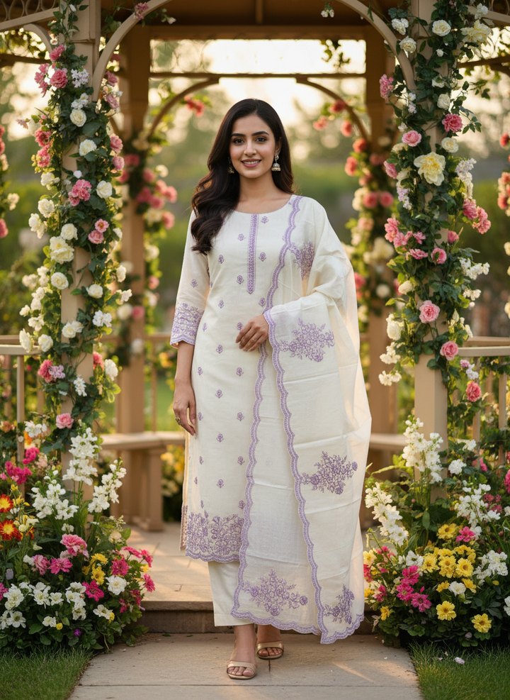 Cream Chanderi Embroidered Paisley Unstitched Fabric (54641)