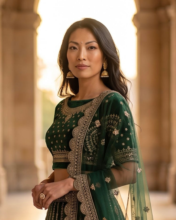 Emerald Velvet Embroidered Bridal Lehenga (40021)