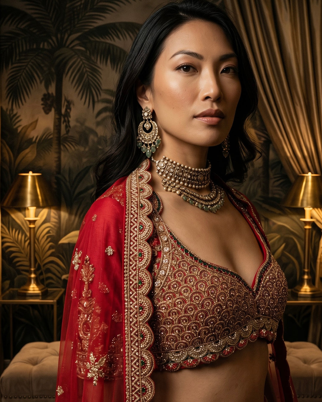 Crimson Silk Embroidered Three layer Heritage lehenga (59548)