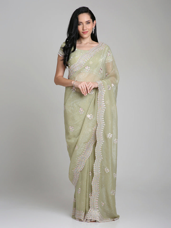 Samaira – Sage Green Chiffon Saree with Pastel Embroidered Border | Fazals (43392)