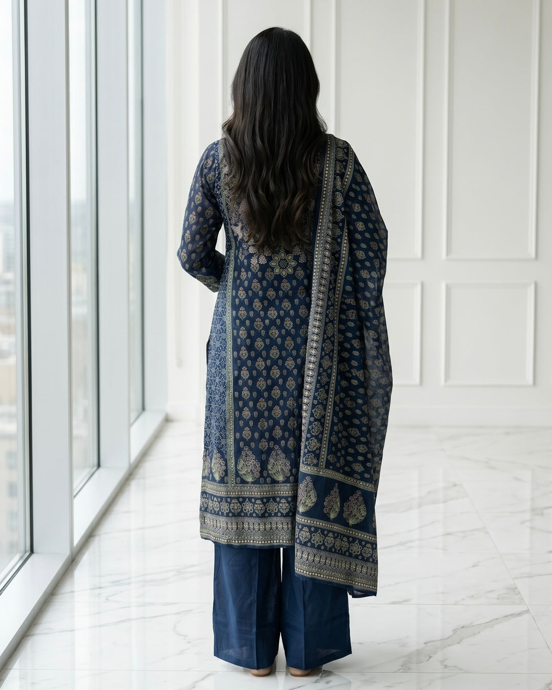 Peacock Blue Embroidered Crepe Dupatta (56058)