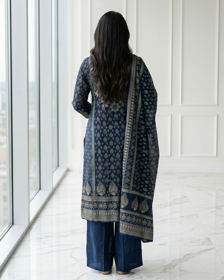 Peacock Blue Embroidered Crepe Dupatta (56058)