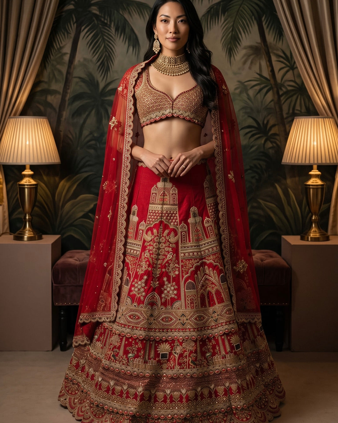 Crimson Silk Embroidered Three layer Heritage lehenga (59548)