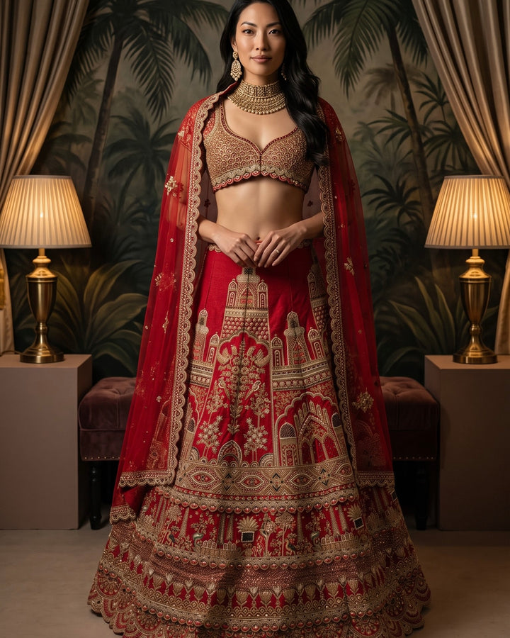 Crimson Silk Embroidered Three layer Heritage lehenga (59548)