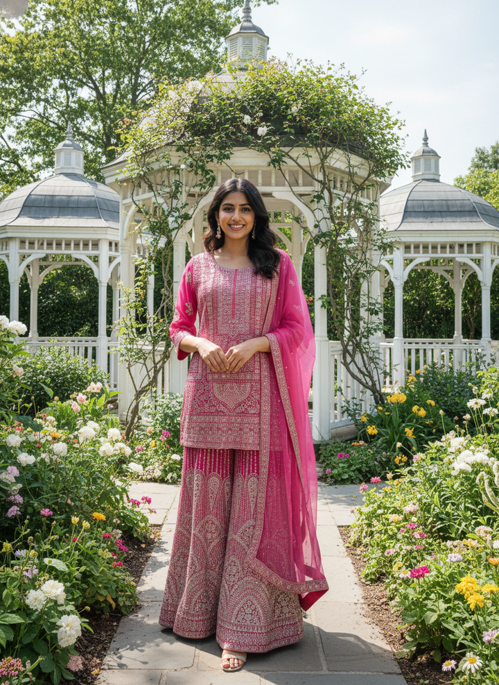 Rani Pink Zari Embroidered Georgette Plazo Suit (38284)