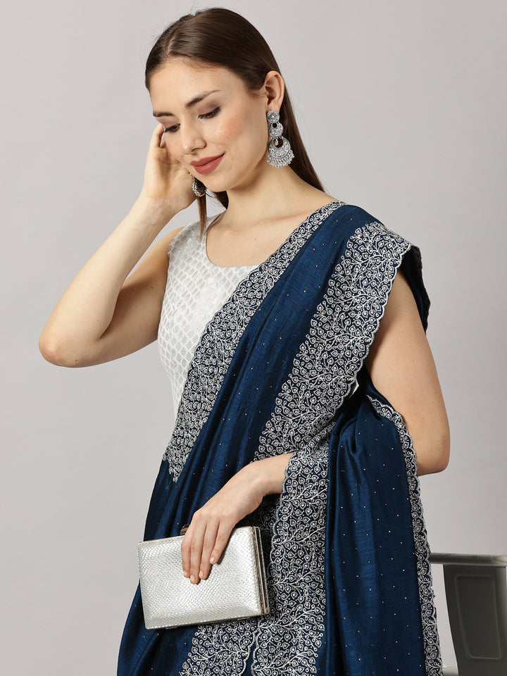 Silk Blue Zari Embroidered Saree