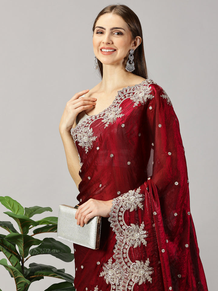 Organza Maroon Zari Embroidered Saree