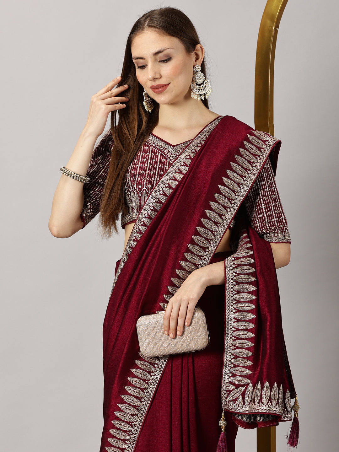 Silk Pink Zari Embroidered Saree & Ready to Wear Blouse