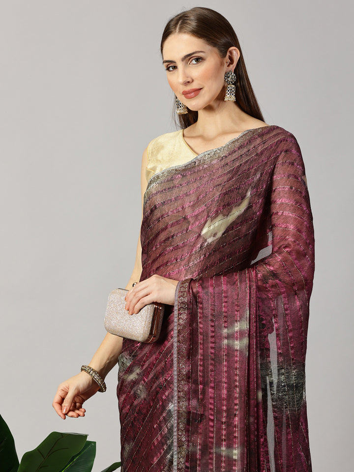 Printed Organza Stone Embroidered Saree