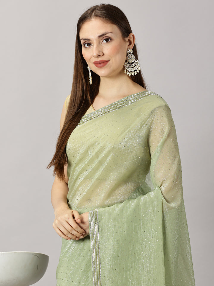 Shimmer Georgette Green Stone work Embroidered Saree