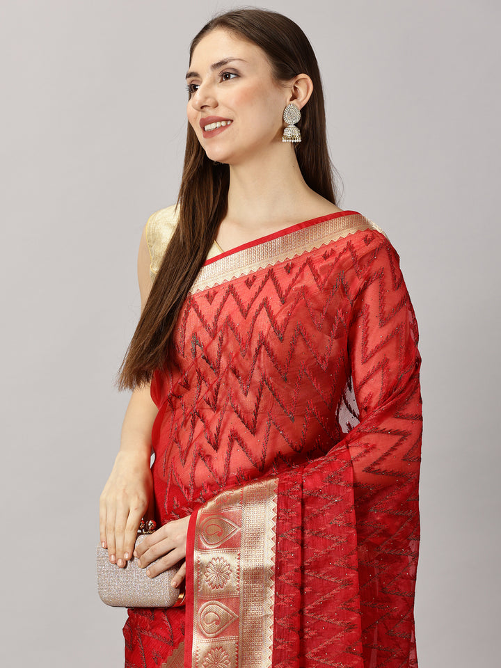 Organza Red Zari Embroidered Saree