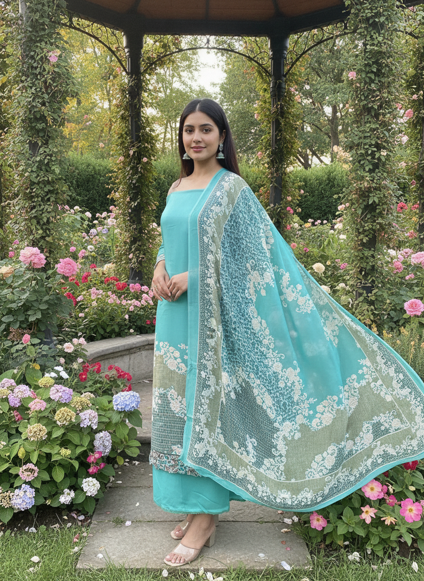 Light Blue Muslin Printed Embroidery Dupatta (51973)
